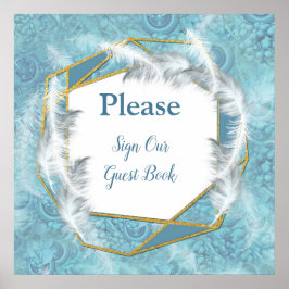 Póster Mezclar patrón azul, plumas y encaje blanco