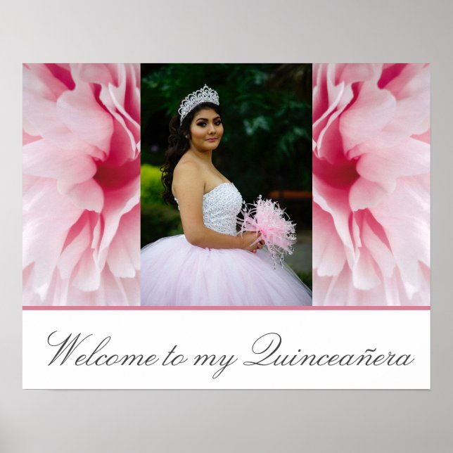 Póster Mi bienvenida a mi Quinceañera con flores rosadas (Frente)