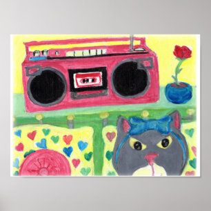 Póster Mi habitación Boombox Chica Cat Folk Art Cute Adol