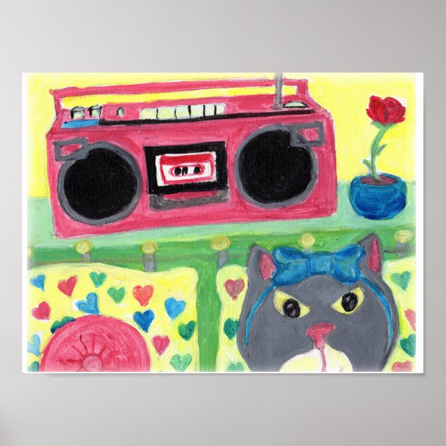Póster Mi habitación Boombox Chica Cat Folk Art Cute Adol (Frente)