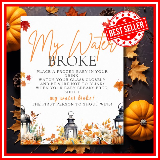 Póster MI POLLO DE Baby Shower ROMPIÓ EL AGUA (MY WATER BROKE A Little Pumpkin is on the Way Fall Autumn Baby Shower Game Poster)