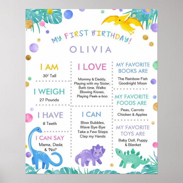 Póster Mi primer Chica de cumpleaños, Rótulo de dinosauri (Frente)