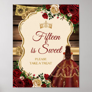 Póster Mi Quince Rústica Floral de Borgoña es dulce