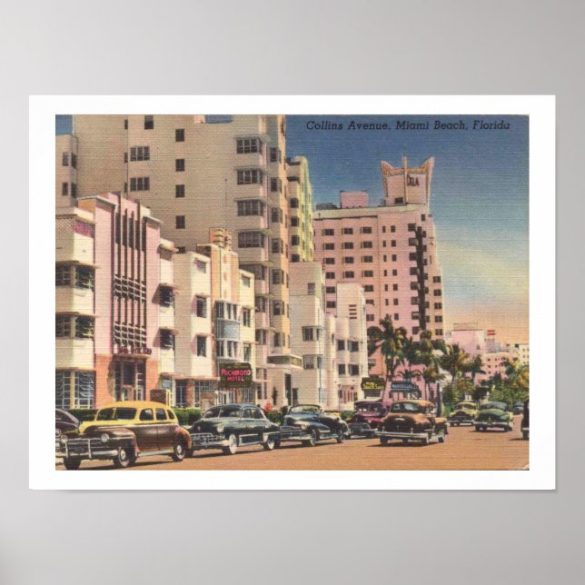 Póster Miami Beach, Collins Ave 1940 inspirado por la épo (Frente)