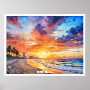 Póster Miami Beach, Florida, pintura acuática con puesta 