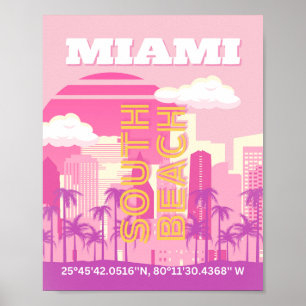 Póster Miami Beach, Miami Travel Art, habitación Preppy,