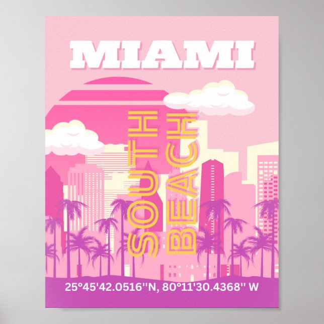 Póster Miami Beach, Miami Travel Art, habitación Preppy,  (Frente)