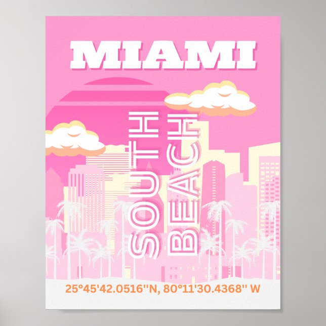 Póster Miami Beach, Miami Travel Art, Preppy, Pink (Frente)