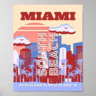 Póster Miami Beach, Miami Travel Art, Retro