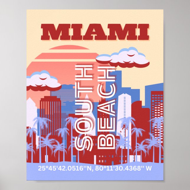 Póster Miami Beach, Miami Travel Art, Retro (Frente)