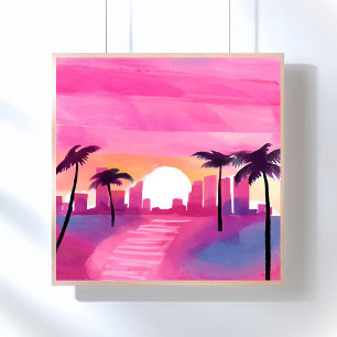 Póster Miami en Rosa Pintura en Acuarela Brillante
