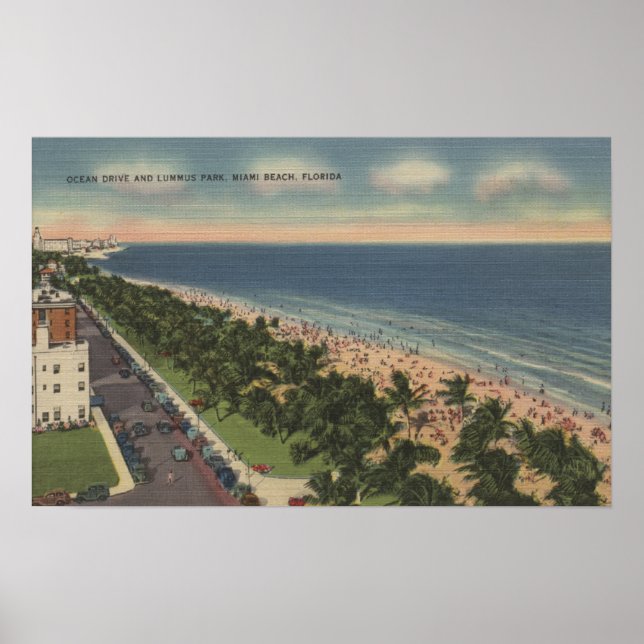Póster Miami, FL - Ocean Drive y Lummus Park (Frente)