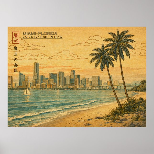 Póster Miami Florida Skyline in Japanese Ukiyo-e (Frente)