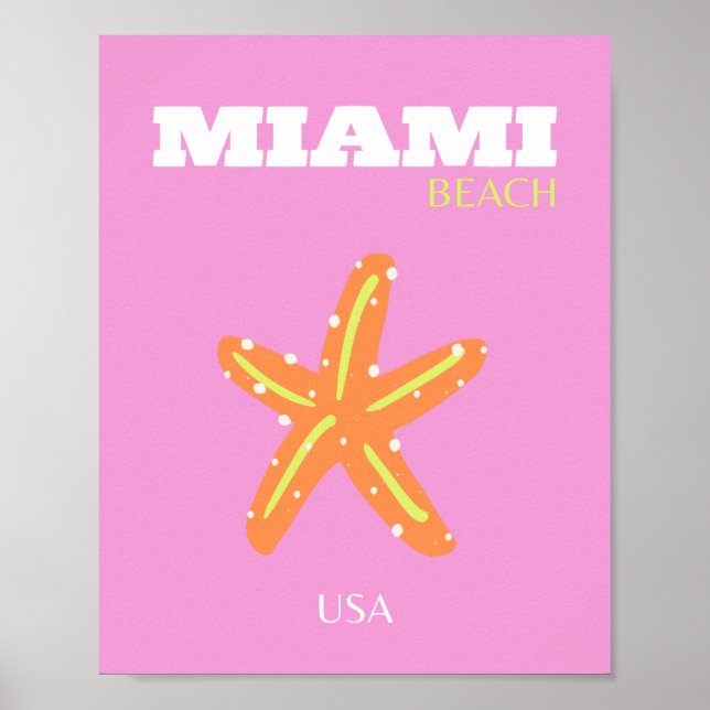 Póster Miami, Miami Beach, Florida, Preppy, Rosa, Naranja (Frente)