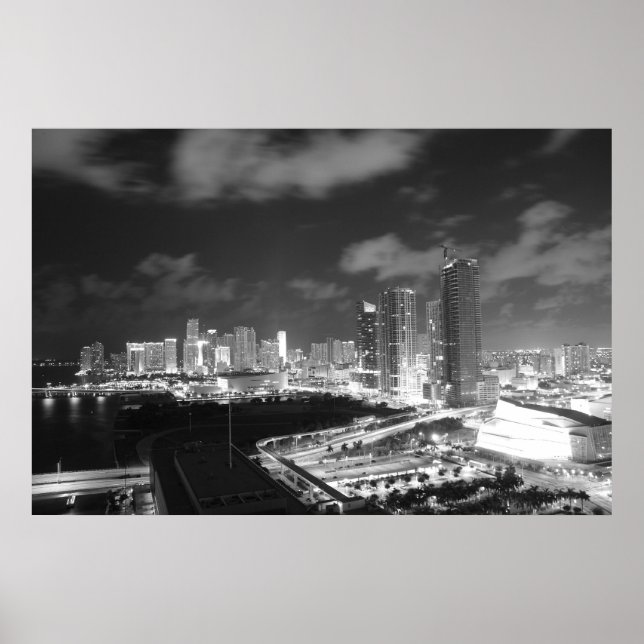 Póster Miami por noche en blanco y negro (Frente)