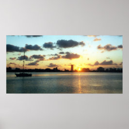 Póster Miami Skyline, Florida Sunset Boat Poster