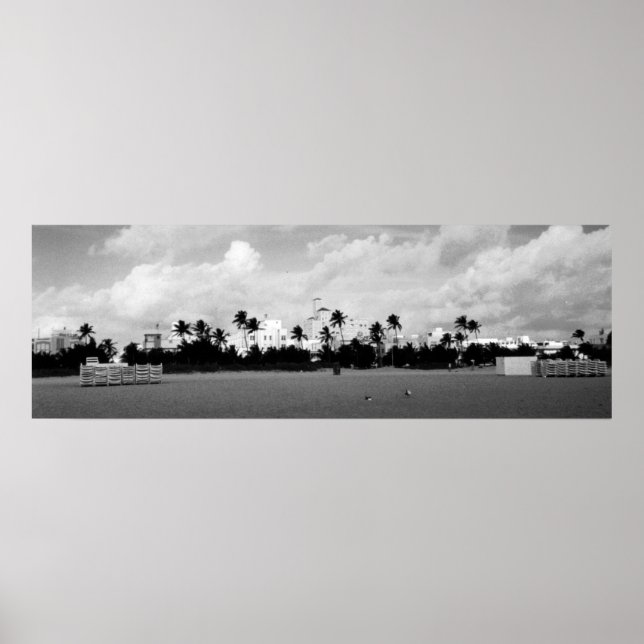 Póster Miami South Beach, Florida Panorama Blanco/Negro (Frente)