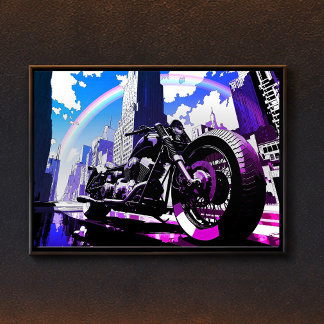 Póster Miami Vice Synthwave Motorcycle Neon Rainbow Art