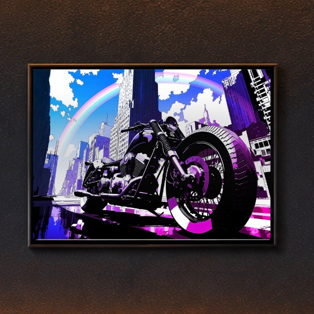 Póster Miami Vice Synthwave Motorcycle Neon Rainbow Art (This image shows the product with a frame attached; the frame is not included.)