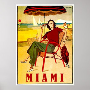 Póster Miami, woman on the sand beach, vintage travel