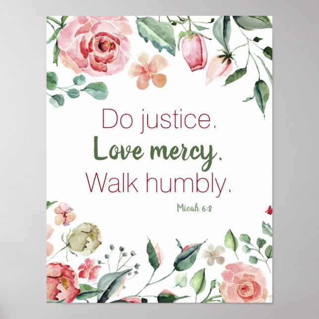 Póster Micah 6:8 acuarela floral rosa y crema (Frente)