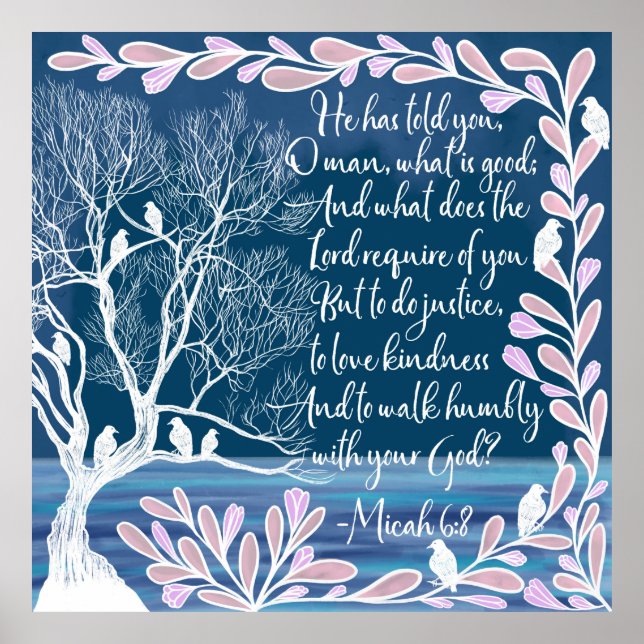 Póster Micah 6:8 Verde azulada Biblia de Aves Blancas Azu (Frente)