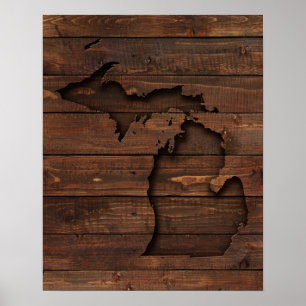 Póster Michigan Brown Wood tallado