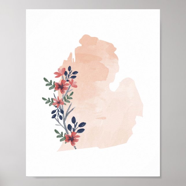 Póster Michigan Floral Watercolor State (Frente)
