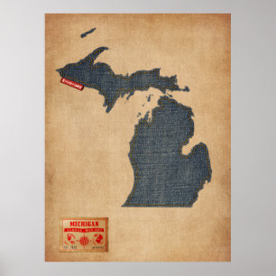 Póster Michigan Map Denim Jeans Style