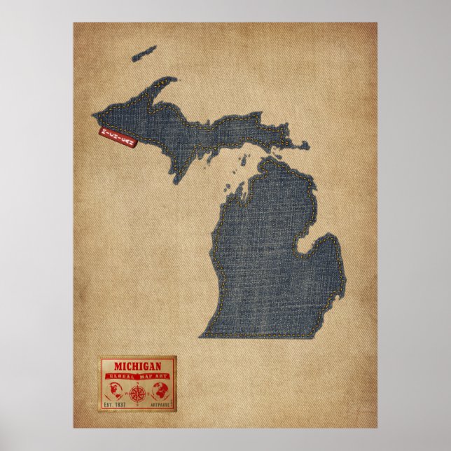 Póster Michigan Map Denim Jeans Style (Frente)