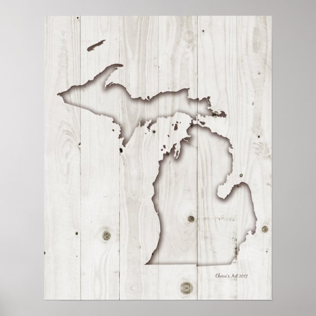 Póster Michigan Silhouette | Cartera de madera blanca (Frente)