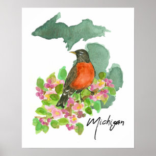 Póster Michigan State Petirrojo Americano Flor de Manzano
