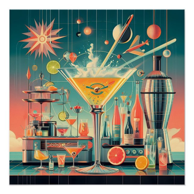 Póster Mid Century Atomic Futuristic Citrus Martini Bar (Anverso)