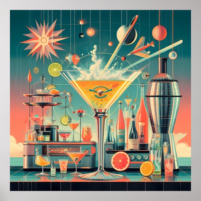 Póster Mid Century Atomic Futuristic Citrus Martini Bar (Frente)