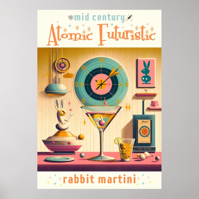 Póster Mid Century Atómico Futurista Conejo Martini (Frente)