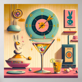 Póster Mid Century Atómico Futurista Conejo Martini