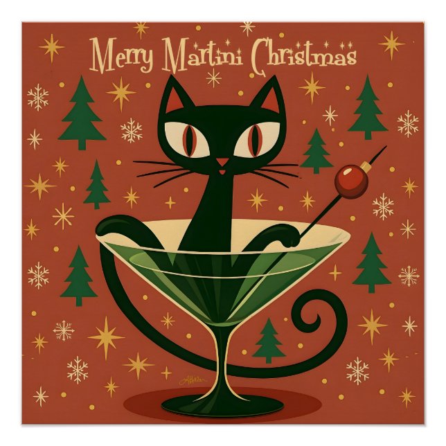 Póster Mid Century Black Cat Merry Martini Christmas (Anverso)
