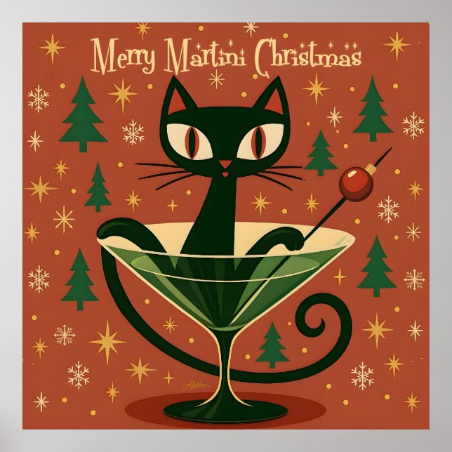 Póster Mid Century Black Cat Merry Martini Christmas (Frente)