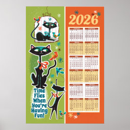 Póster Mid-Century Cats Calendar Kitchen Poster