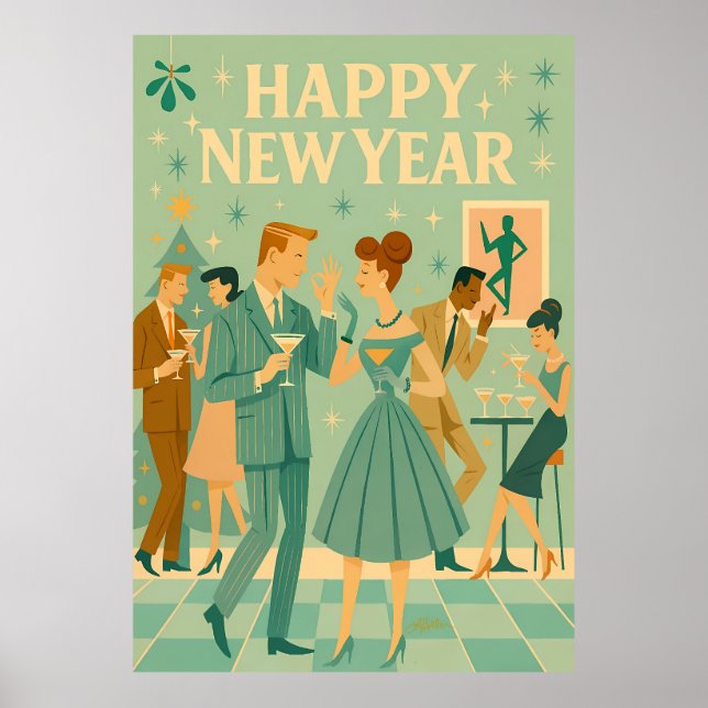 Póster Mid Century Happy New Year The Martini Dance (Frente)