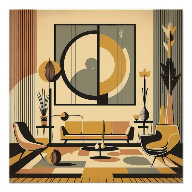 Póster Mid Century Interior Design Autumn Hues Livingroom (Anverso)