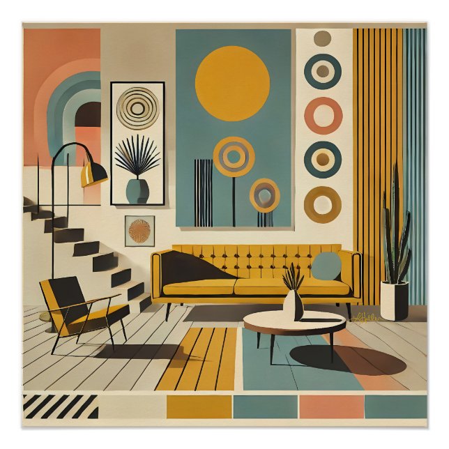 Póster Mid Century Interior Design Dessert Livingroom (Anverso)