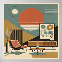 Póster Mid Century Interior Design Sunrise Livingroom