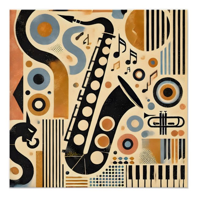 Póster Mid Century Jazz Age Minimalist Art Saxophone (Anverso)