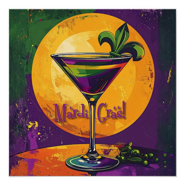 Póster Mid Century Mardi Gras Sunset Fleur De Lis Martini (Anverso)