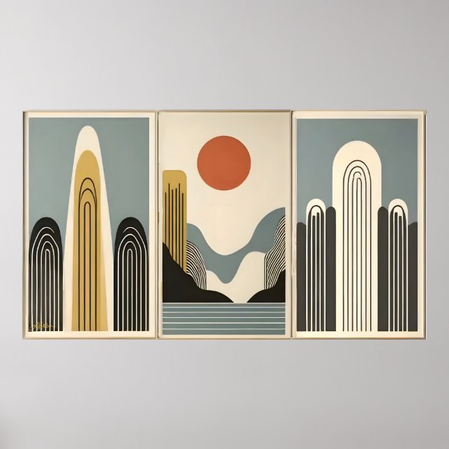 Póster Mid Century Modern Art Mountain Lake Sunrise (Frente)
