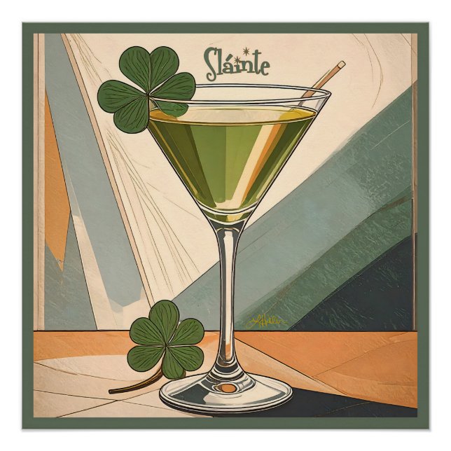 Póster Mid Century Modern Art Shamrock Martini Sláinte!  (Anverso)
