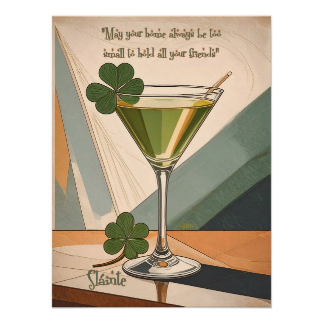 Póster Mid Century Modern Art Shamrock Martini Sláinte!  (Anverso)