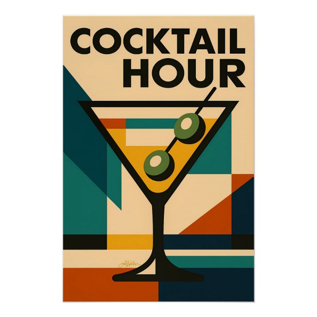 Póster Mid Century Modern Bauhaus Cocktail Hour Martini (Anverso)