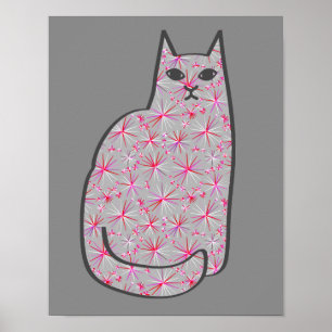 Póster Mid-Century Modern Cat, Gray / Grey and Pink